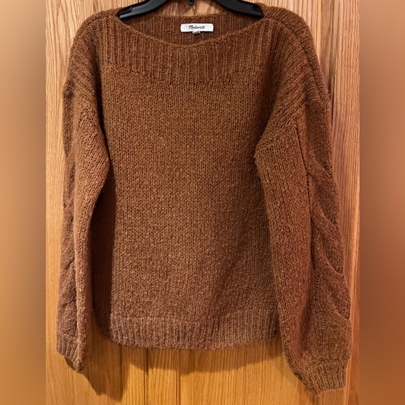 Madewell Cable-Sleeve Boatneck Boxy Cropped Wool Sweater in Saddle Brown Size XS - Picture 5 of 11